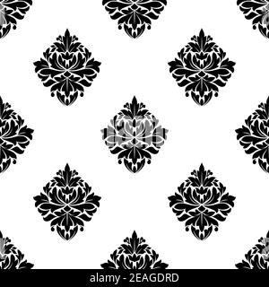 Black and white seamless pattern of diamond shaped floral arabesque motifs arranged in a repeat pattern with a wide white border in square format suit Stock Vector