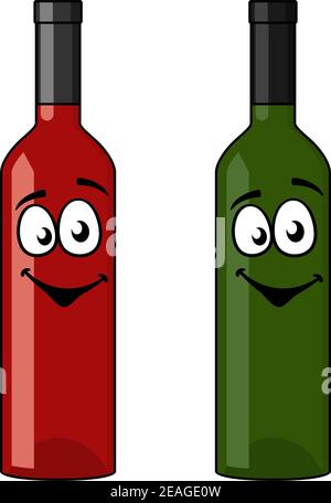 Two bottles of wine, one red and one white in green glass with happy smiling faces standing side by side, cartoon vector illustration Stock Vector