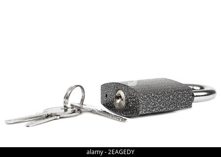 Padlock and keys isolated on white background. Stock Photo