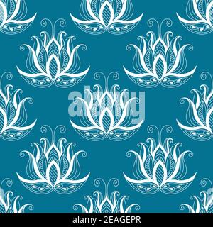 Pretty blue and white vintage floral repeat seamless pattern with ornate dainty calligraphic motifs suitable for fabric and wallpaper Stock Vector