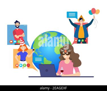 2021 Happy New Year, Merry Christmas, virtual business team meeting, diverse group of students at x-mas online party, celebrating from home. Laptop Stock Vector