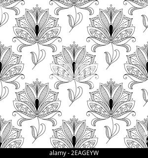 Beautiful ornate dainty floral pattern in vintage calligraphic style in a seamless background pattern, black and white Stock Vector