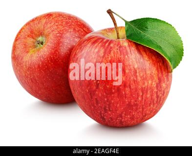 Two ripe red apple fruits with green leaf isolated on white background. Red apples with clipping path Stock Photo