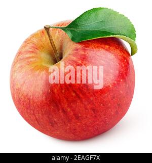 Single ripe red apple fruit with green leaf isolated on white background with clipping path Stock Photo