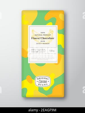 Banana Chocolate Label. Abstract Shapes Vector Packaging Design Layout with Realistic Shadows. Modern Typography, Hand Drawn Fruit Silhouette and Stock Vector
