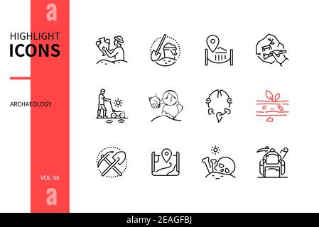 Archaeology - modern line design style icons set. Archaeological discovery, work process and equipment. Archaeologist, excavation, brush, artefact, st Stock Vector