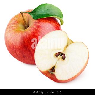 Ripe red apple fruit with apple half and green leaf isolated on white background. Red apples and leaf with clipping path Stock Photo