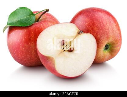 Ripe red apple fruit with apple half and green leaf isolated on white background. Red apples and leaf with clipping path Stock Photo