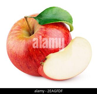 Ripe red apple fruit with apple slice without seed and green leaf isolated on white background with clipping path Stock Photo