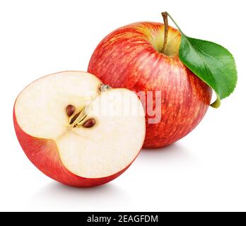 Ripe red apple fruit with apple half and green leaf isolated on white background. Apples and leaf with clipping path Stock Photo