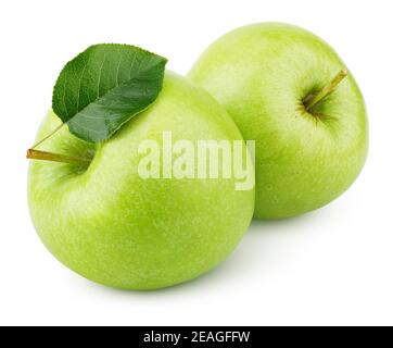 Two ripe green apples with apple leaf isolated on white background. Green apples with clipping path Stock Photo