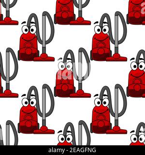 Happy smiling modern red vacuum cleaner in a repeat seamless background pattern in square format, cartoon illustration Stock Vector