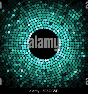 Abstract pattern of graduated turquoise shiny dots or circles going from the darkest at the outer edge around a central black hole or vortex with copy Stock Vector
