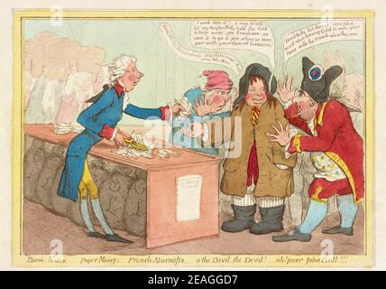 Bank-notes, paper-money, French-alarmist, O, The devil, the devil!--Ah! Poor John-Bull!! By artist James Gillray. William Pitt the Younger as a bank-clerk offering a handful of bank-notes to John Bull, who holds out his hand for the notes as Charles James Fox says to him 'Dont take his damn'd Paper, John! insist upon having Gold, to make your Peace with the French, when they come' and Richard Brinsley Sheridan says 'Dont take his Notes! nobody takes Notes now! - they'll not even take Mine!' Stock Photo
