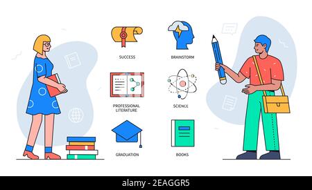 Learning concept - colorful flat design style poster with thematic linear icons. Infographics with happy students. Success, brainstorm, professional l Stock Vector