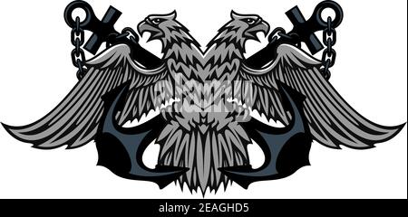 Fierce double headed Imperial eagle icon on crossed anchors with chains for heraldic design Stock Vector