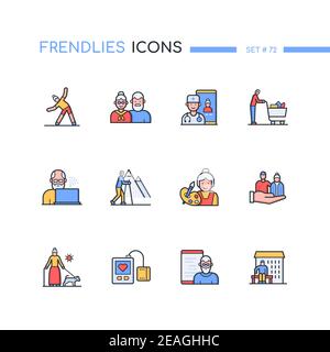 Senior people - line design style icons set. Elderly care idea. Volunteering, medical consultation, nursing home, blood pressure control, art therapy, Stock Vector