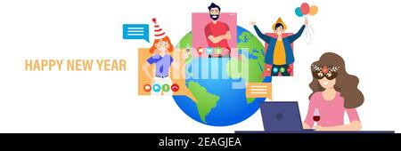 2021 Happy New Year, Merry Christmas, virtual business team meeting, diverse group of students at x-mas online party, celebrating from home. Laptop Stock Vector