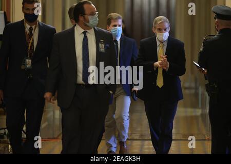 Washington, USA. 09th Feb, 2021. WASHINGTON, DC - FEBRUARY 09: Rep. Jim Jordan (R-OH) (2nd-R) joins members of former President Donald Trump's legal defense team during the first day of his second impeachment trial in the Senate on February 09, 2021 in Washington, DC. Seventeen Republicans would need to join all 50 Democrats to convict Trump of the charge he faces, “incitement of insurrection.” (Photo by Chip Somodevilla/Getty Images) Credit: Sipa USA/Alamy Live News Stock Photo