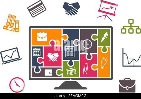 Business infographics with colorful icons of computer, chart, card, handshake, clock, briefcase, files and computer or tv monitor with puzzles Stock Vector