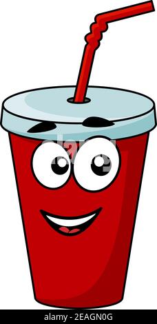 Cartoon takeaway soda drink in a covered cup with a straw with a happy smiling face isolated on white Stock Vector