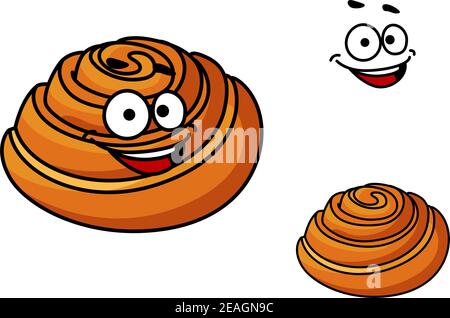 Happy golden brown delicious cartoon sticky bun with a smiling face isolated on white Stock Vector