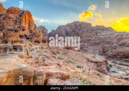 Sunset view of ancient theatre in Petra, Jordan Stock Photo