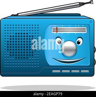 Happy retro blue portable transistor radio with an aerial and smiling face isolated on white Stock Vector