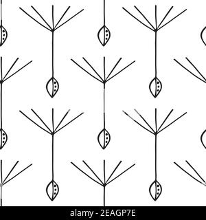 Dandelion seed seamless vector pattern background. Backdrop of abstract floating herbacious flower seeds black and white backdrop. Stylised hand drawn Stock Vector