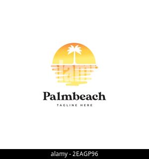 Sunset illustration with palm tree logo design vector template Stock Vector