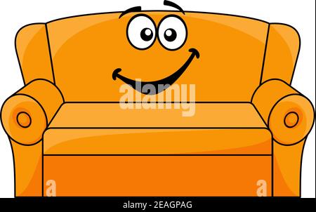 Cartoon upholstered orange couch, sofa or settee with a happy smile, vector illustration isolated on white Stock Vector