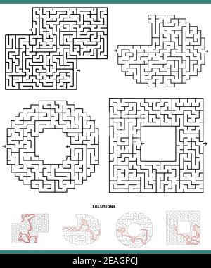 Illustration of black and white mazes leisure game graphs set with solutions Stock Vector