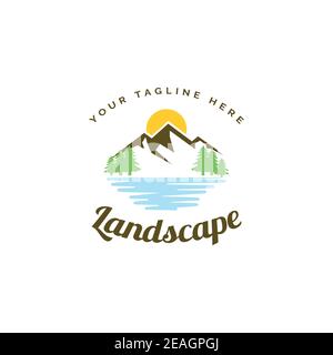 Landscape illustration logo design vector template. Mountain with lake symbol Stock Vector