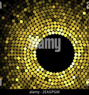 Abstract geometric pattern of gold circles or dots in graduated color surrounding a black circular hole with copyspace Stock Vector