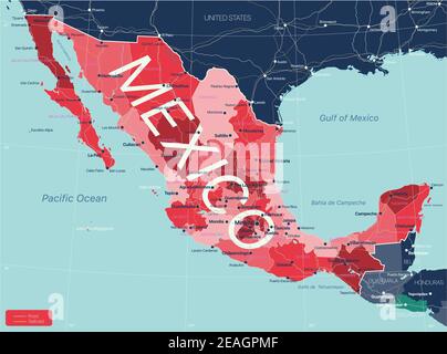 Mexico country detailed editable map with regions cities and towns, roads and railways, geographic sites. Vector EPS-10 file Stock Vector