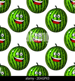 Happy laughing cartoon green summer watermelon fruit in a repeat seamless pattern in square format Stock Vector