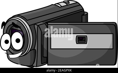 Happy grey cartoon video camera with an open viewfinder isolated on white Stock Vector