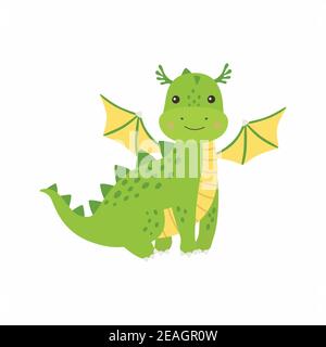 Cute cartoon green little dragon, isolated vector illustration Stock Vector