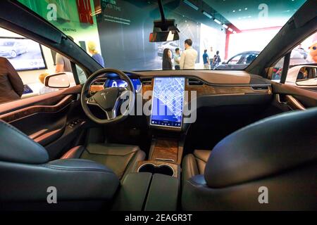 Los Angeles, California, United States of America - August 21, 2018: interior of Tesla electric Model X SUV with navigator in Santa Monica Tesla store Stock Photo