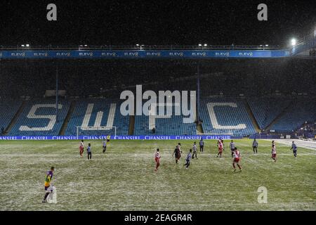 Sheffield, UK. 09th Feb, 2021. General view of match in snow. in Sheffield, UK on 2/9/2021. (Photo by Dean Williams/News Images/Sipa USA) Credit: Sipa USA/Alamy Live News Stock Photo