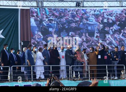 Hyderabad, Pakistan. 09th Feb, 2021. Chairman of Pakistan Peoples Party PPP Bilawal Bhutto arrives in the PDM public gathering at Hatri by pass (Photo by Jan Ali Laghari/Pacific Press) Credit: Pacific Press Media Production Corp./Alamy Live News Stock Photo