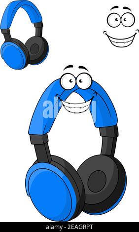 Set of blue headphones or earphones with happy smile in cartoon style isolated on white Stock Vector