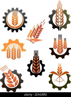 Set of eight different icons depicting industry and agriculture with ripe golden ears of wheat and toothed cogs or ear wheels Stock Vector