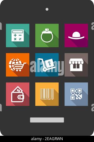 Set of shopping or e-commerce flat icons on colorful buttons showing a calculator, purse, global e-commerce, delivery trolley, store front, wallet, ba Stock Vector