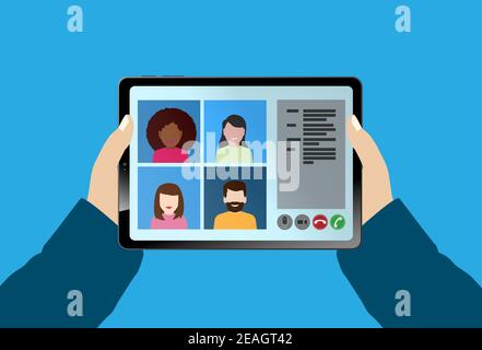 hands of person holding tablet computer with video conference call vector illustration Stock Vector