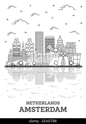 Outline Amsterdam Netherlands City Skyline with Historic Buildings and Reflections Isolated on White. Vector Illustration. Amsterdam Cityscape Stock Vector