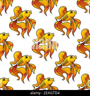 Seamless pattern of colorful golden ornamental goldfish with long fins and tails suitable for textile, tiles or wallpaper, square format Stock Vector