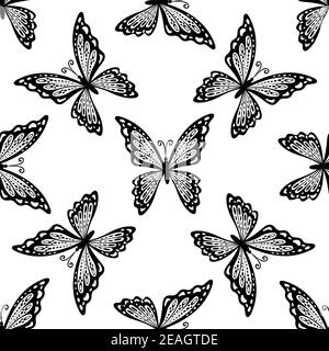 Seamless pattern of delicate black and white butterflies with outspread wings in a random orientation, square format suitable for fabric, tiles or tex Stock Vector