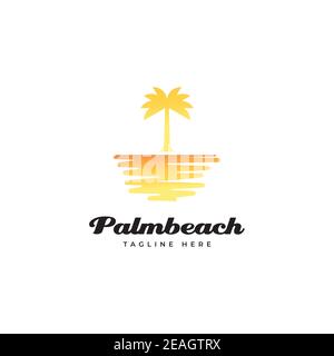 Sunset illustration with palm tree logo design vector template Stock Vector