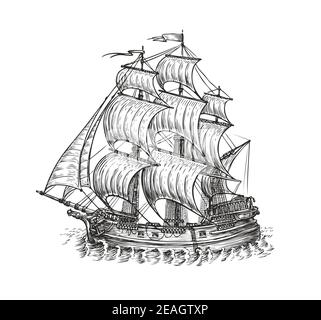 Vintage wooden ship with sails. Navigation sketch vector illustration Stock Vector